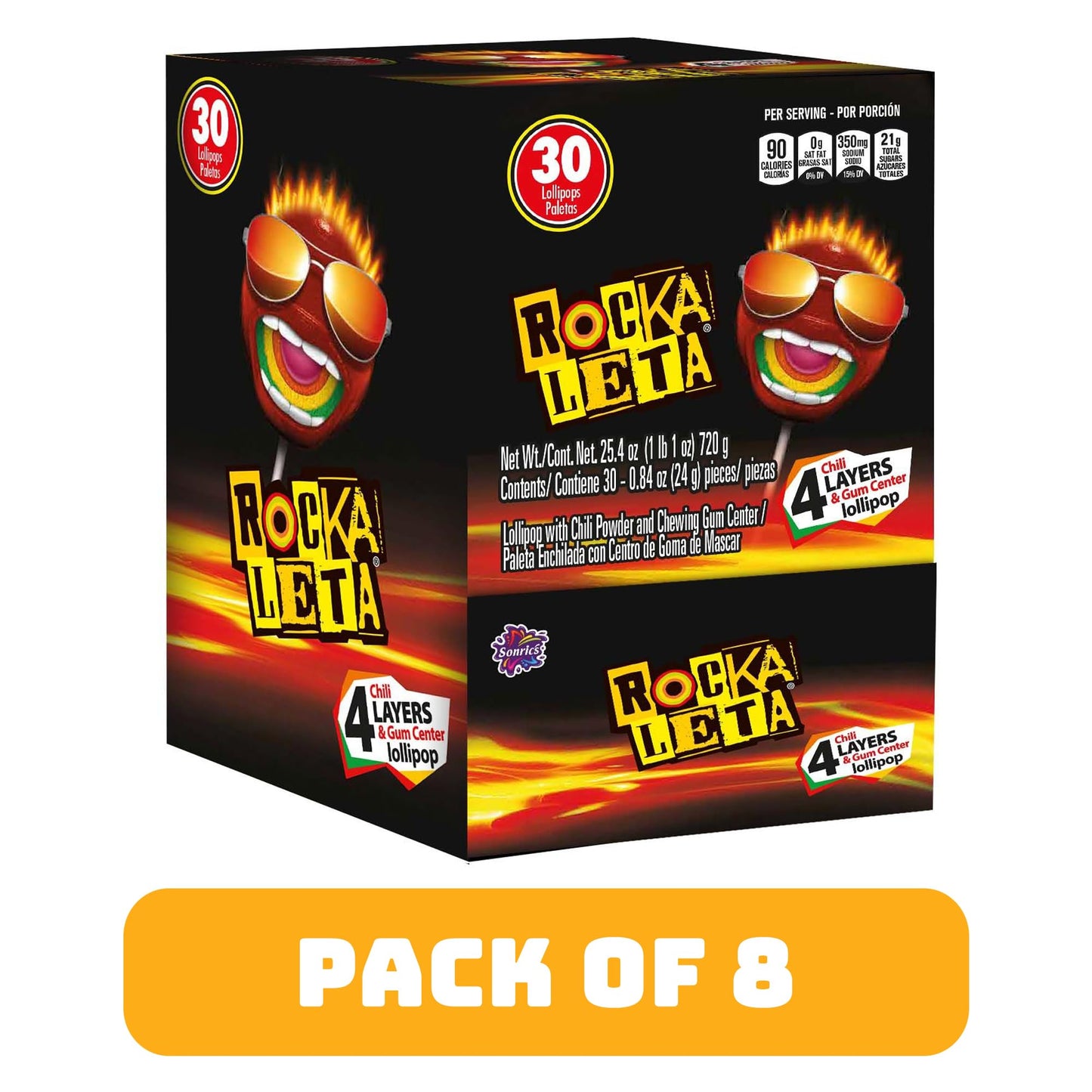 Sonrics Rockaleta Lollipop Chili Layered with Gum Center  Spicy  Sour  Sweet Candy Lollipops  25.3 oz Dispenser Box (Pack of 8)