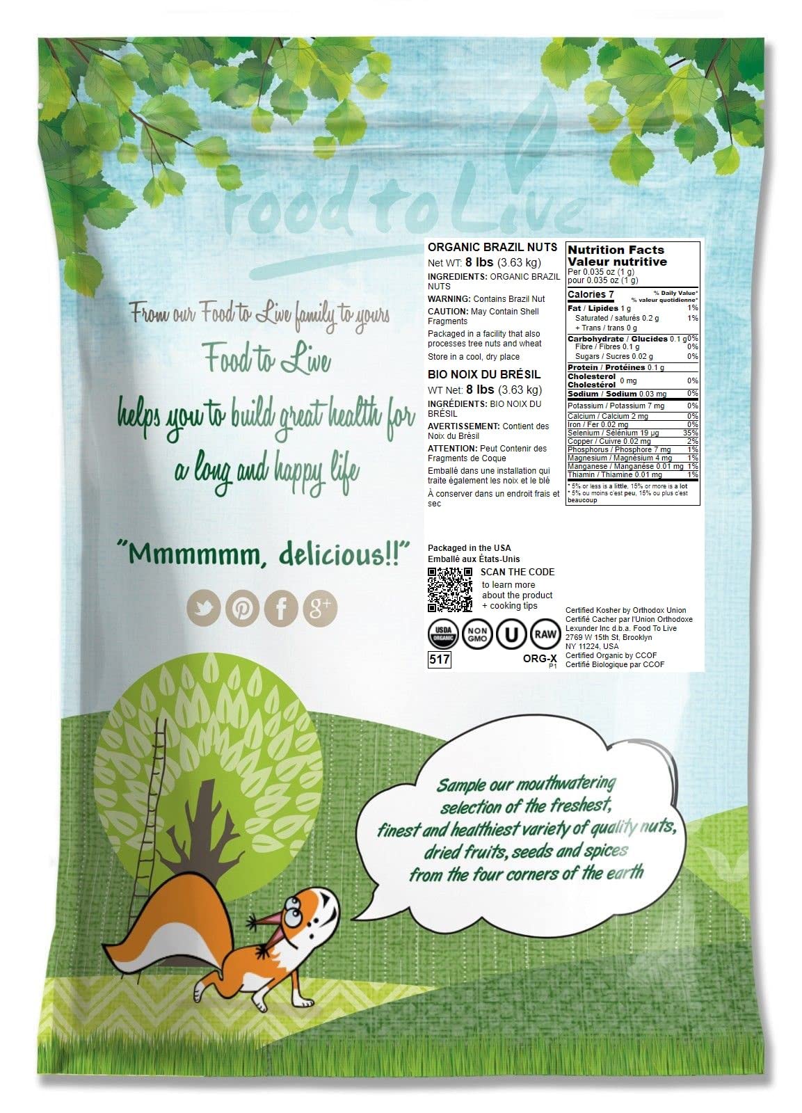 Food to Live Organic Brazil Nuts, Unsalted, Raw, Non-GMO, Vegan, 8 Pounds