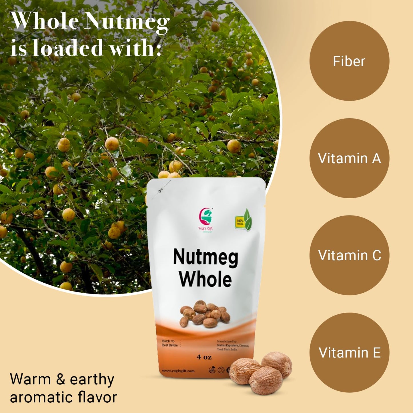 Nutmeg Whole 4Oz | Excellent Aroma And Incredible Flavor | Nuez Moscada Entera | Non- Gmo, Ethically Sourced | By Yogis Gift®