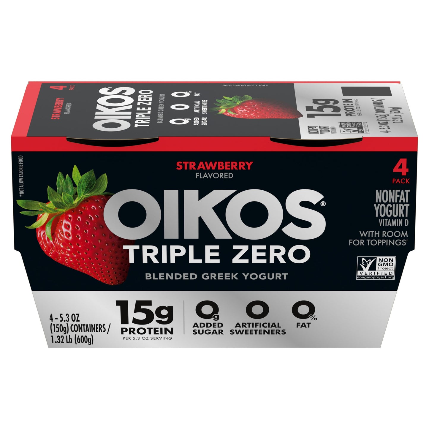 Oikos Triple Zero Strawberry Nonfat Greek Yogurt Pack, 0% Fat, Sugar Free and 0 Artificial Sweeteners, Just Delicious High Prote