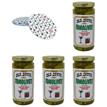Generic Old South Tomolives Pickled Green Tomatoes 8oz (4 Pack) with Coasters - Ultimate Martini Garnish and Cocktail Snack
