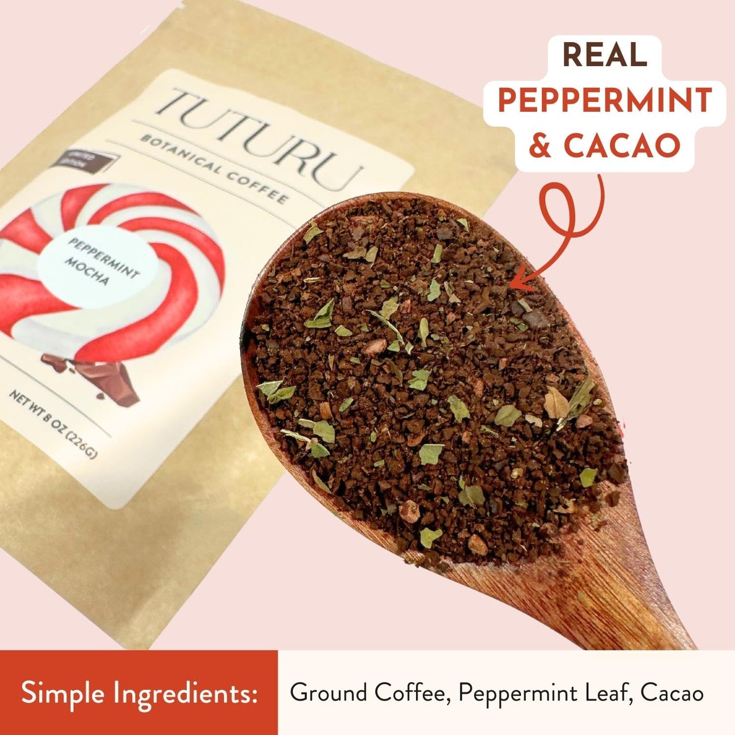 TUTURU Botanical Coffee Organic Peppermint Mocha Ground Coffee, Medium Roast, 8 oz, Smooth Low-Acid, Perfect for Drip or Cold Brew