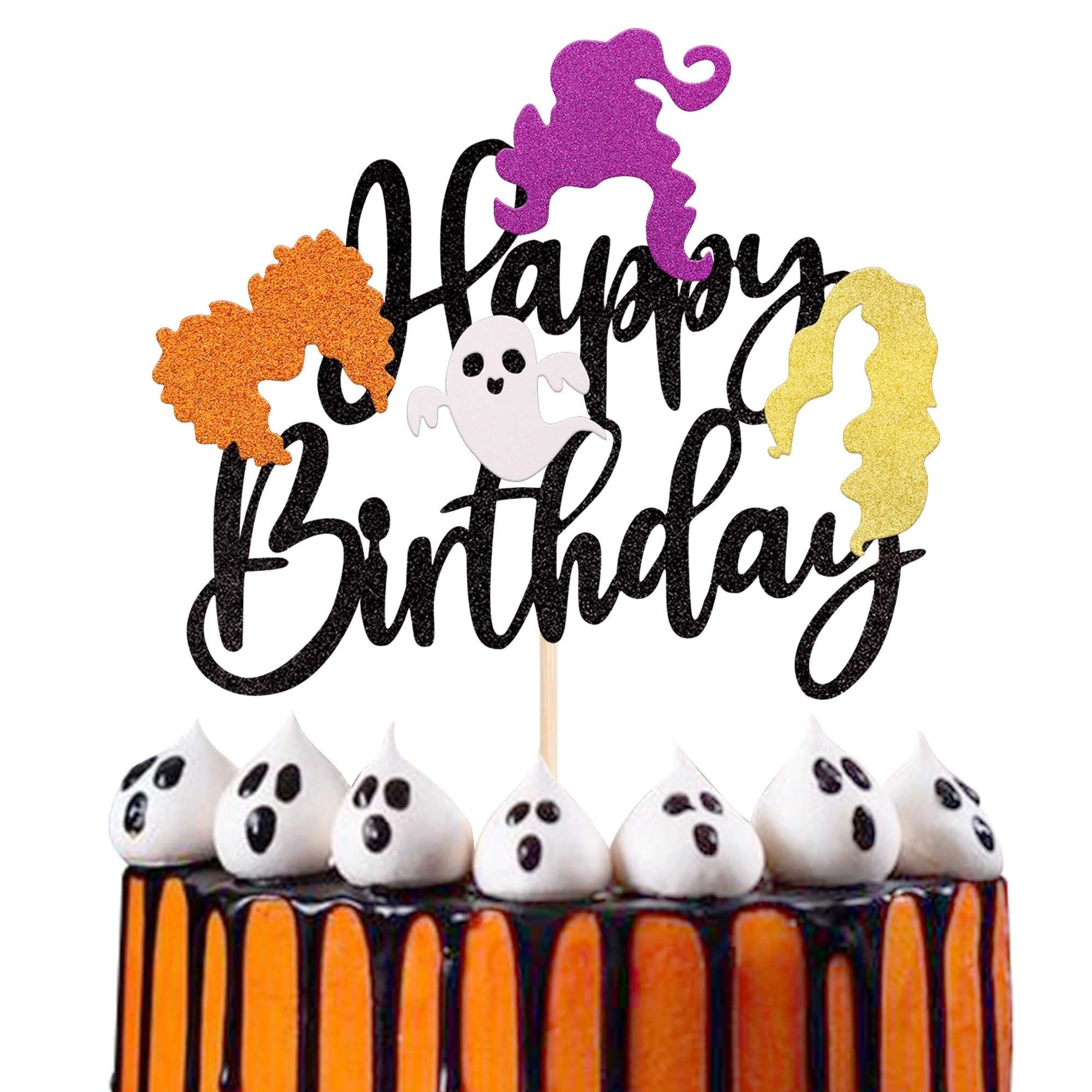 YCTHUNFISH Happy Birthday Cake Topper - Glitter Witch Hair, Halloween Theme, Bamboo, Colorful, Perfect for Kids Birthday and Baby Shower