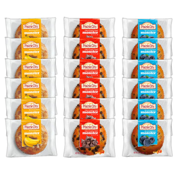 Prairie City Bakery Monster Muffins Variety Pack - Individually Wrapped, 6 oz Each - Blueberry, Banana Nut & Chocolate Chip (Pac
