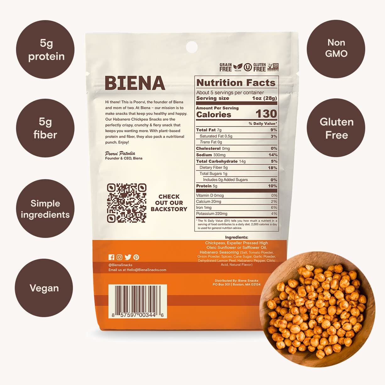 Biena Chickpea Snacks - Crunchy Roasted Chickpeas - High Fiber Vegan Protein Snacks For Adults And Kids - 4-Pack, 5 Ounce - Haba