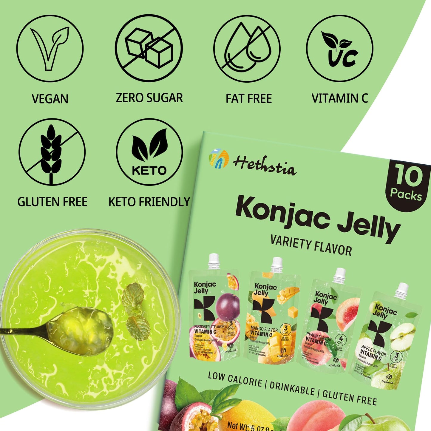 Hethstia Konjac Jelly, 10 Pack - Peach, Mango, Passion Fruit, Green Apple - Vegan, Sugar-Free, Low Calorie, Keto, Gluten-Free, V