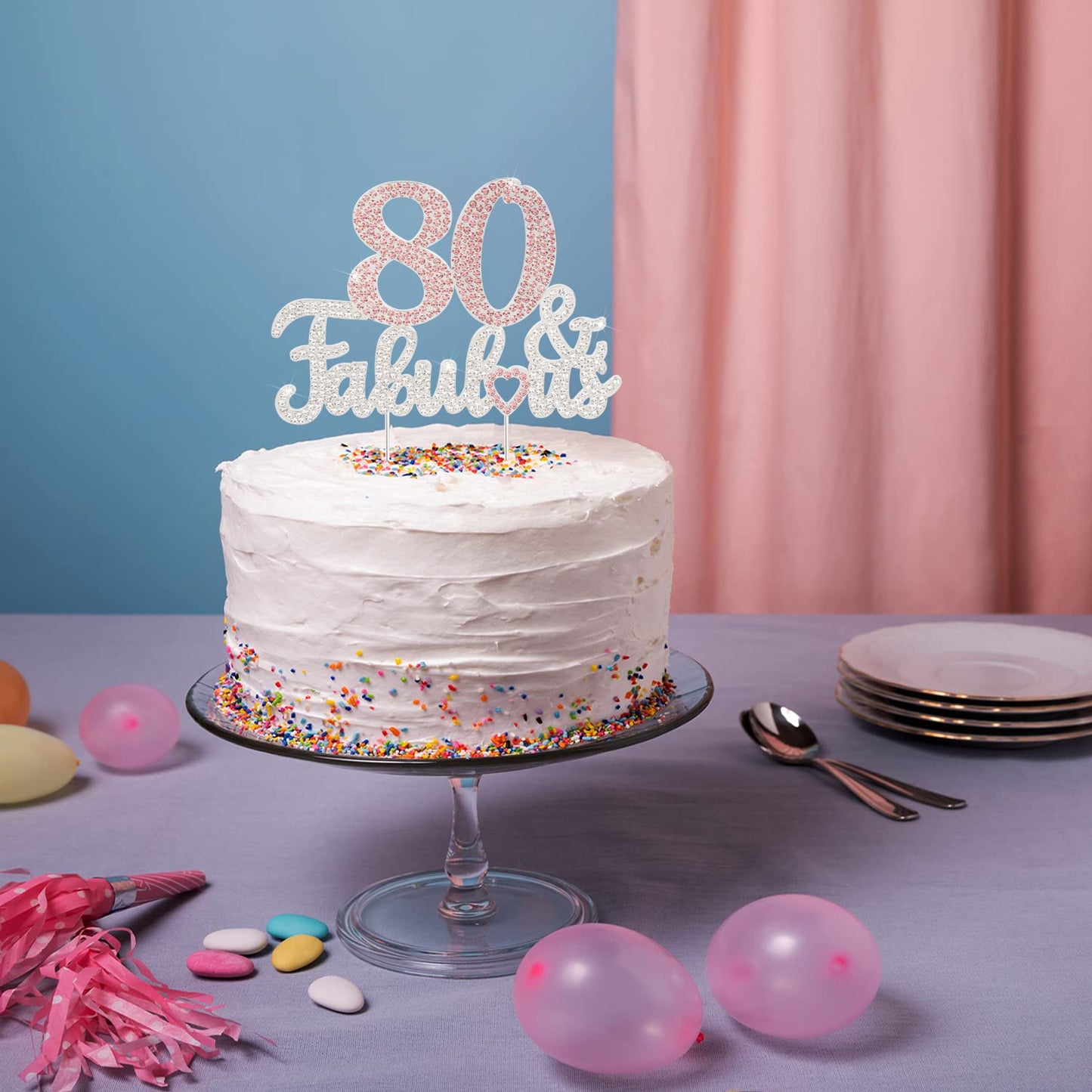 Laskyer 80 & Fabulous Silver Pink Rhinestone Cake Topper - Happy 80Th Birthday Cheers To Eighty Years Old Bday Party Metal Spark