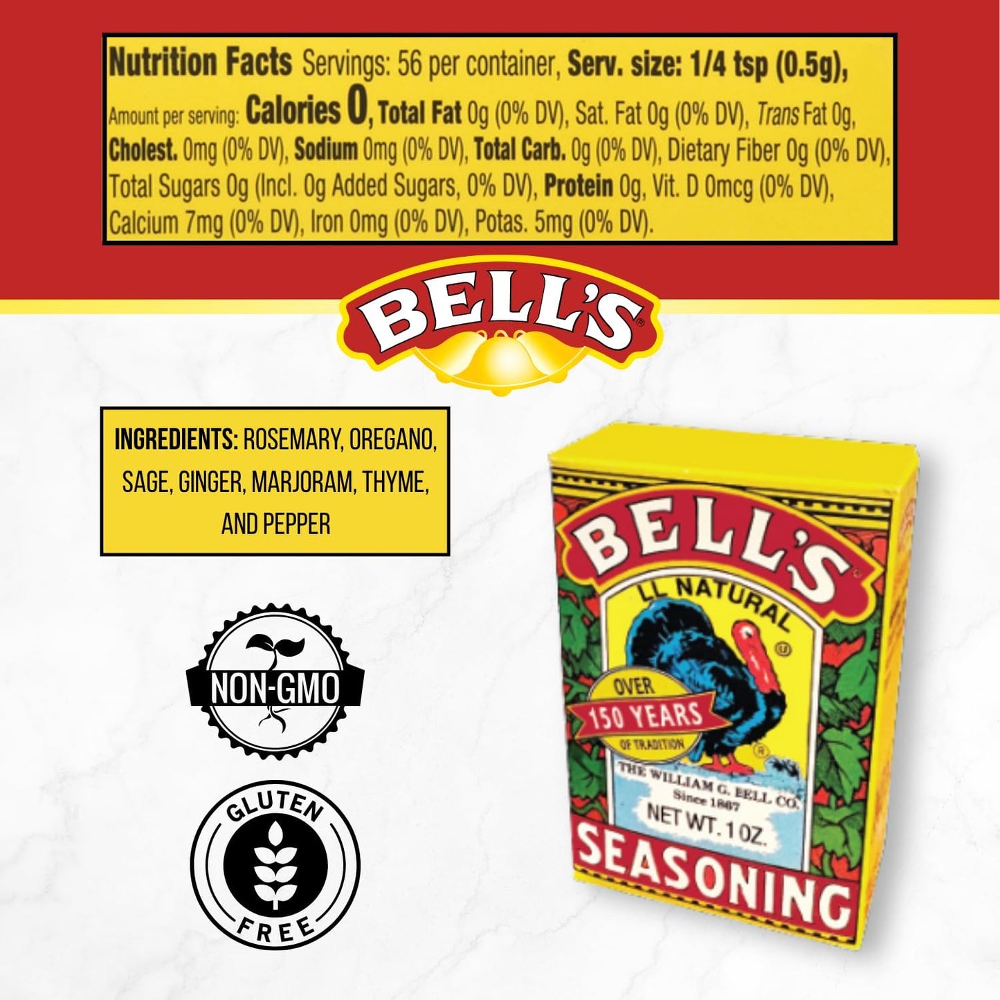 Bells All Natural Seasoning - 1 oz Box - Classic Salt-Free Poultry Blend - Gluten-Free  Kosher  Non-GMO (Pack of 4)