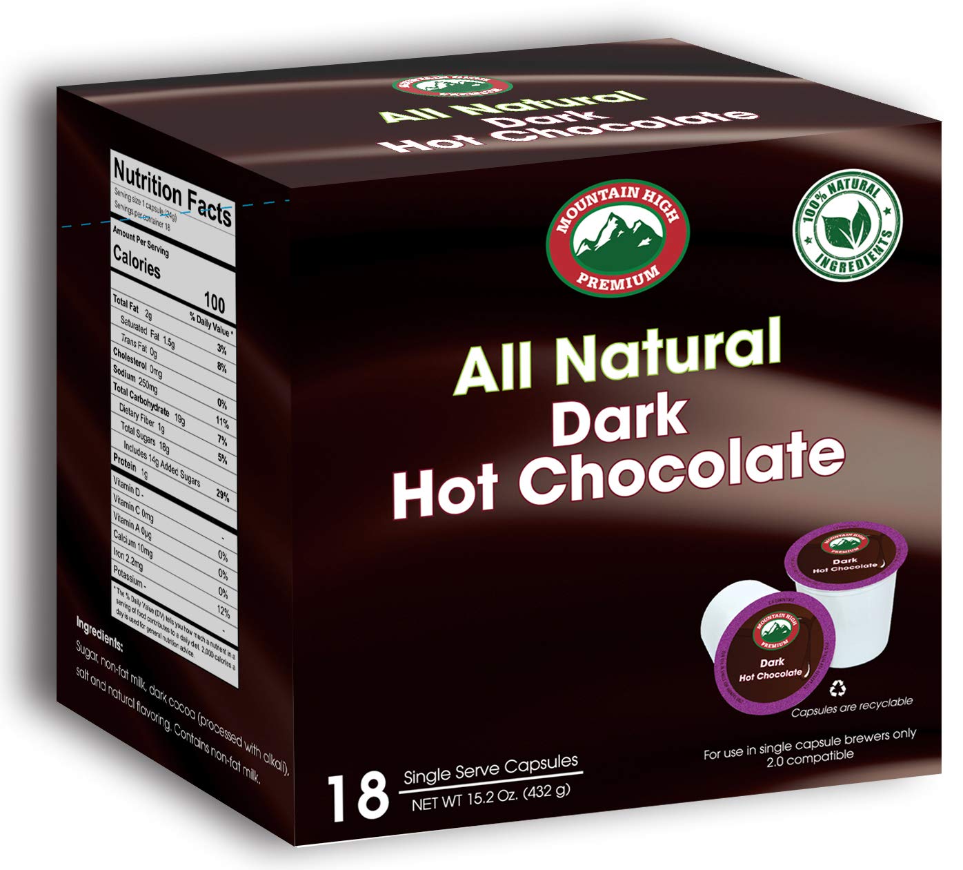Mountain High All Natural Hot Chocolate - 2.0 Compatible Single Serve Cups (Dark Chocolate, 72)