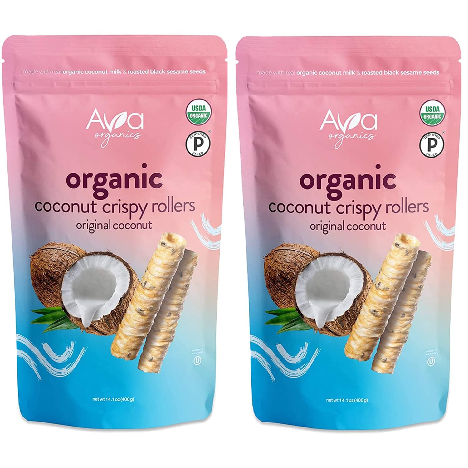 Ava Organics - Coconut Crispy Rollers (Pack of 2) Original Family Size 14.1 oz bags 28.2 Ounce