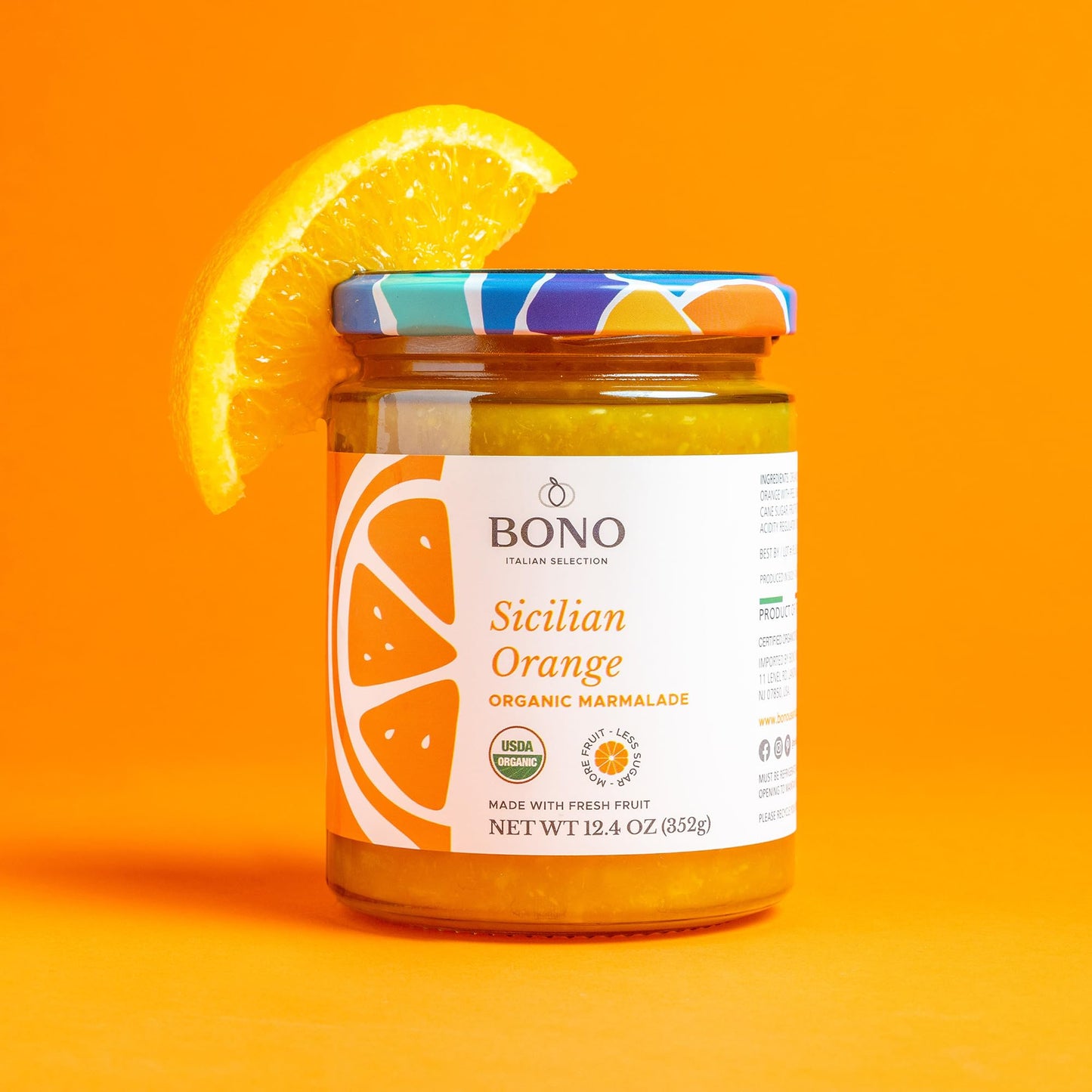 Bono Sicilian Organic Marmalade | Made With Fresh Fruit | Less Sodium | Gluten Free | Cultivated Exclusively In Sicily, 12.4 Oz