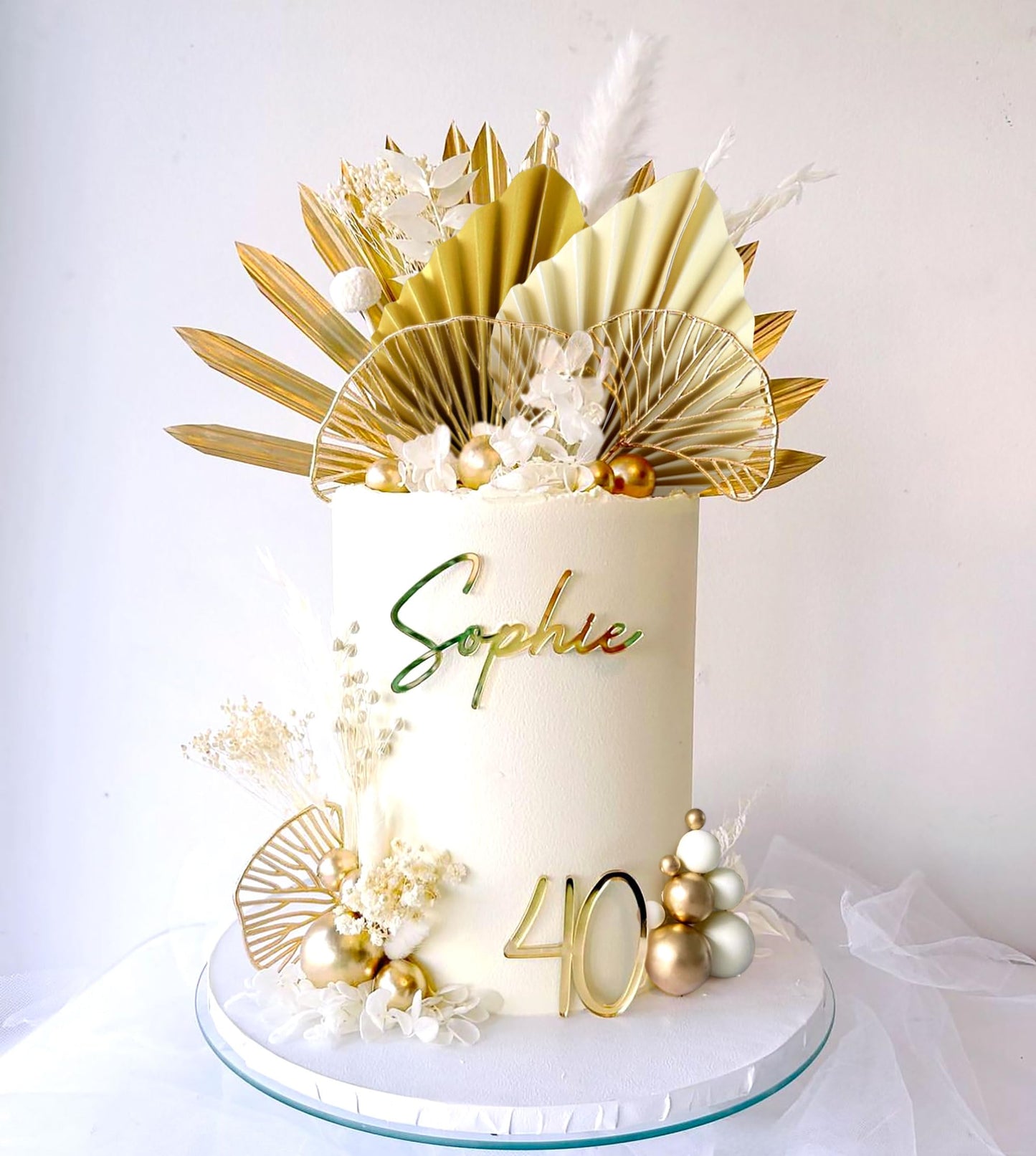 LaVenty Cake Decoration - Champagne Rose with Gold Balls & Palm Leaves, 2x4, Golden Color, Boho Party Supplies