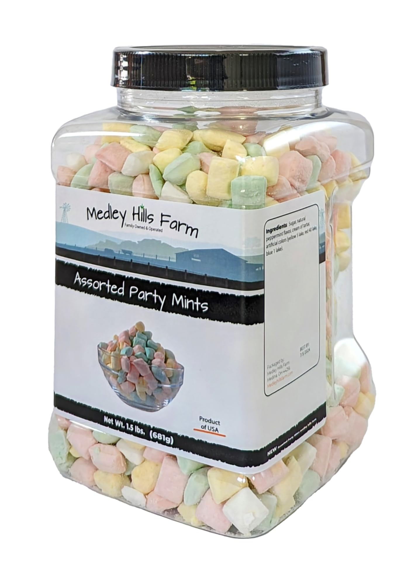Assorted Party Mints By Medley Hills Farm In Reusable Container 1.5 Lbs. - Great Wedding Mints For Guests, Baby Shower Or Birthday Party - Product Of Usa