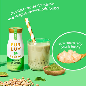 Bubluv Low Sugar Bubble Tea - Matcha Soy Latte With Low-Carb Jelly Pearls - Ready-To-Drink Boba Milk Tea In A Glass Bottle, Low