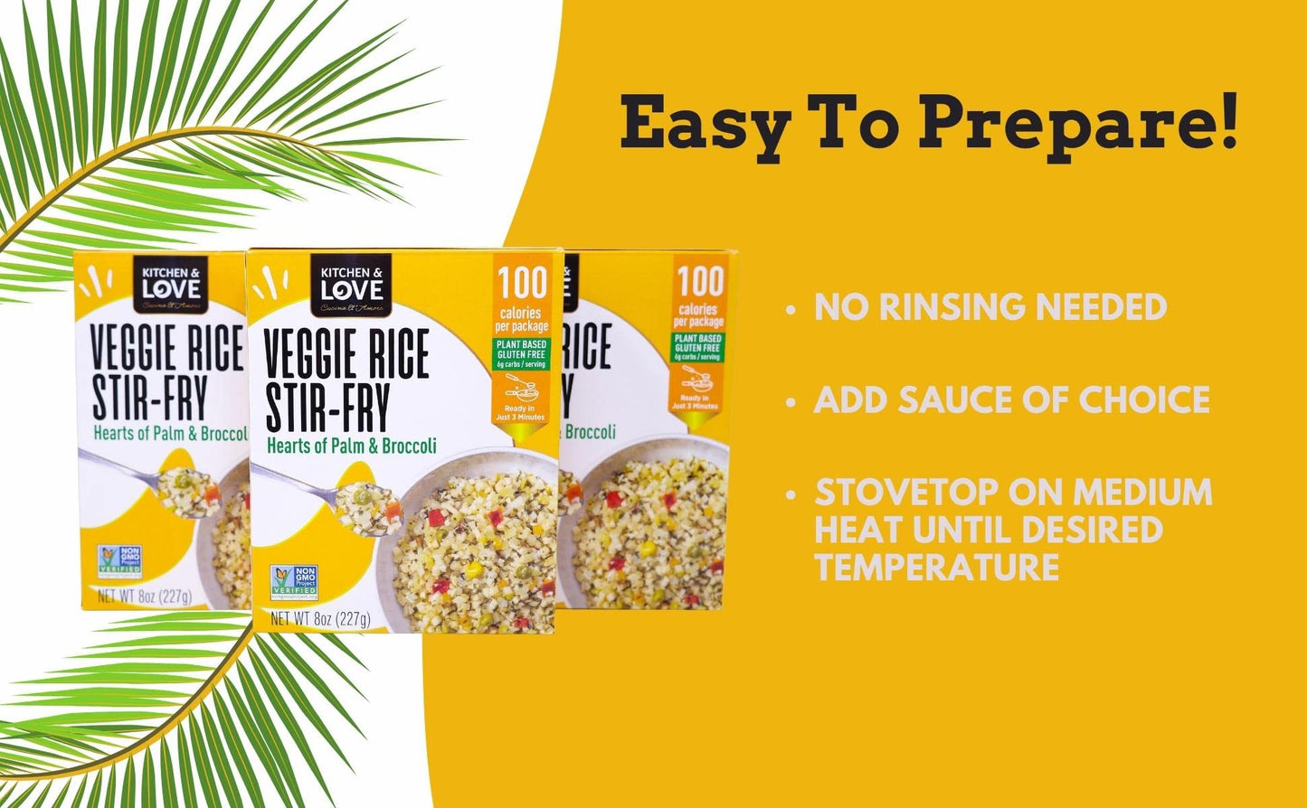 Kitchen & Love Hearts Of Palm Veggie Rice Stir Fry, Low Carb, Low Calories, Plant Based, Non Gmo, Gluten Free Rice Alternative,