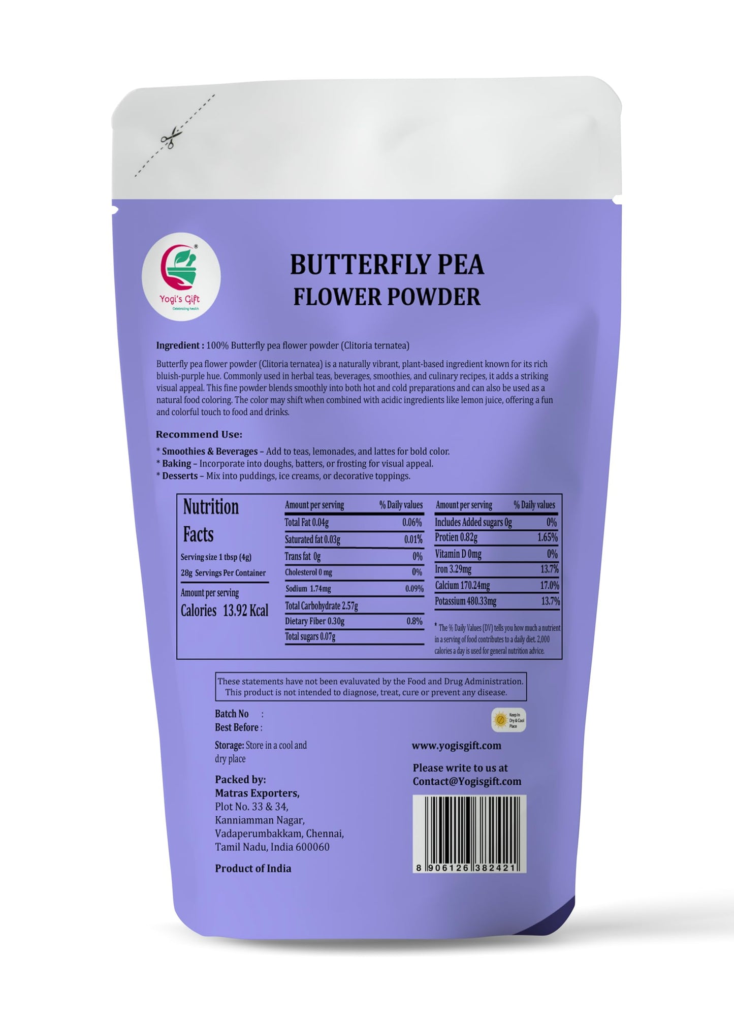 Butterfly Pea Flower Powder 4Oz, 100% Pure & Natural Blue Matcha Powder, Enhanced Quality For Tea, Lattes, Smoothies & Natural Food Coloring - By Yogi’S Gift®
