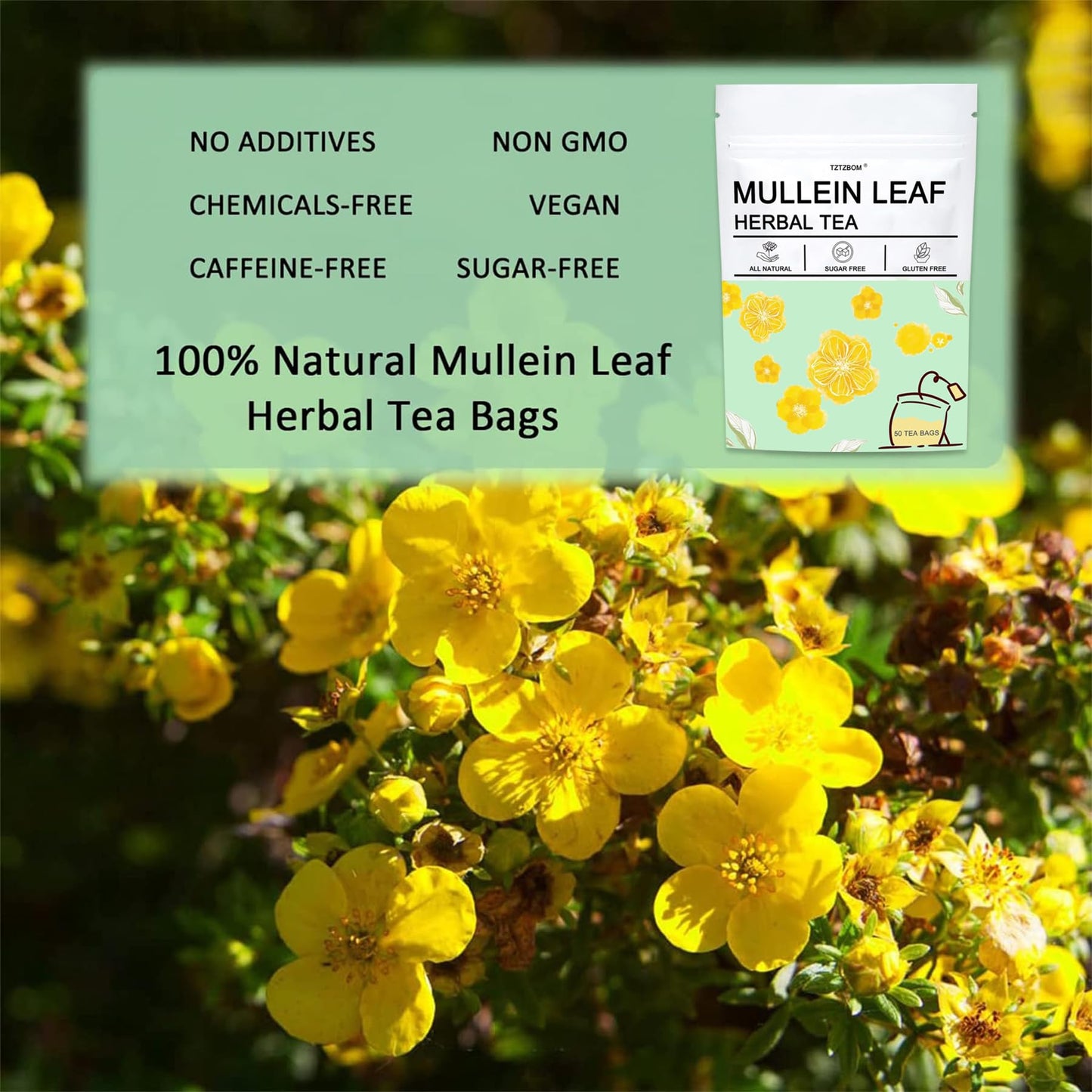 Mullein Tea Bags, Premium 50 Mullein Tea For Lungs, 100% Pure Mullein Leaf Tea, Good For Lungs Cleanse And Respirator