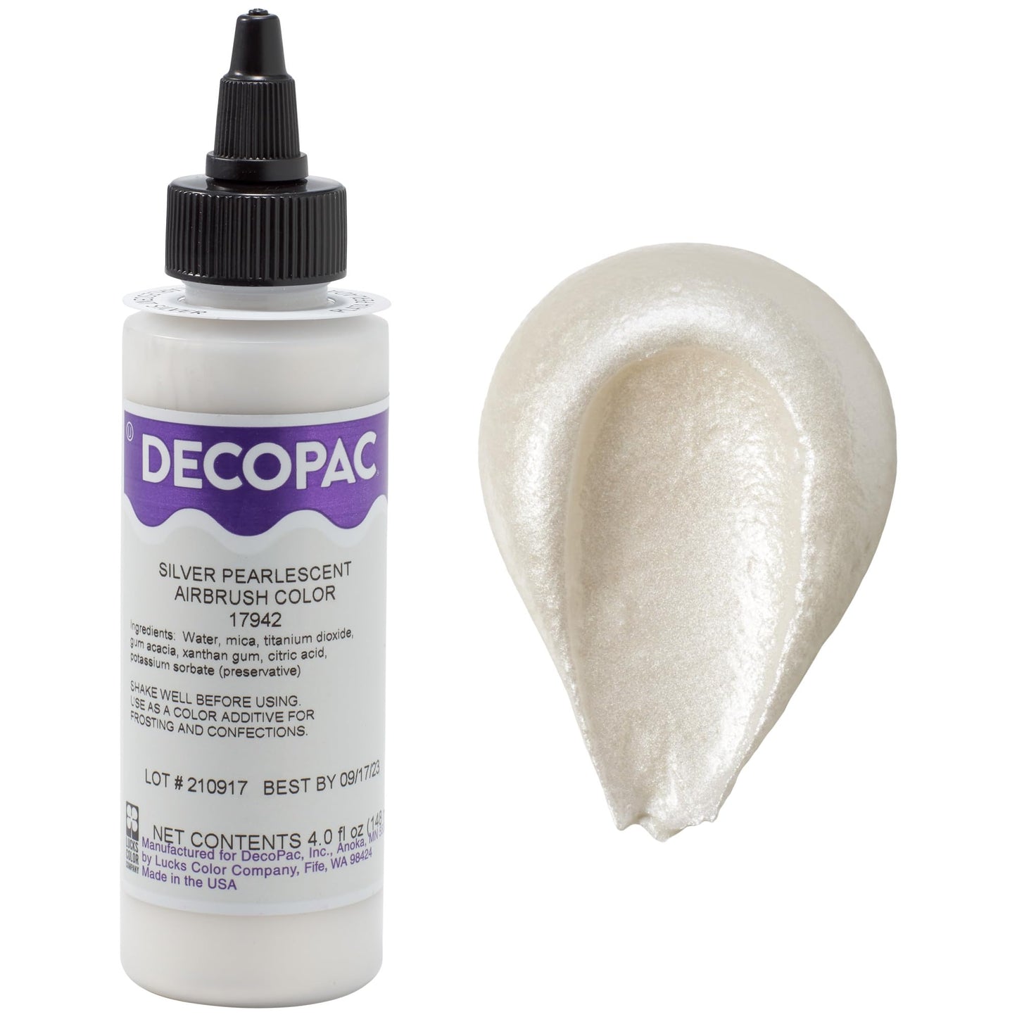 DecoPac Premium Airbrush Color, Edible Paint, 4oz, Pearlescent Silver Shimmer, Model 17942