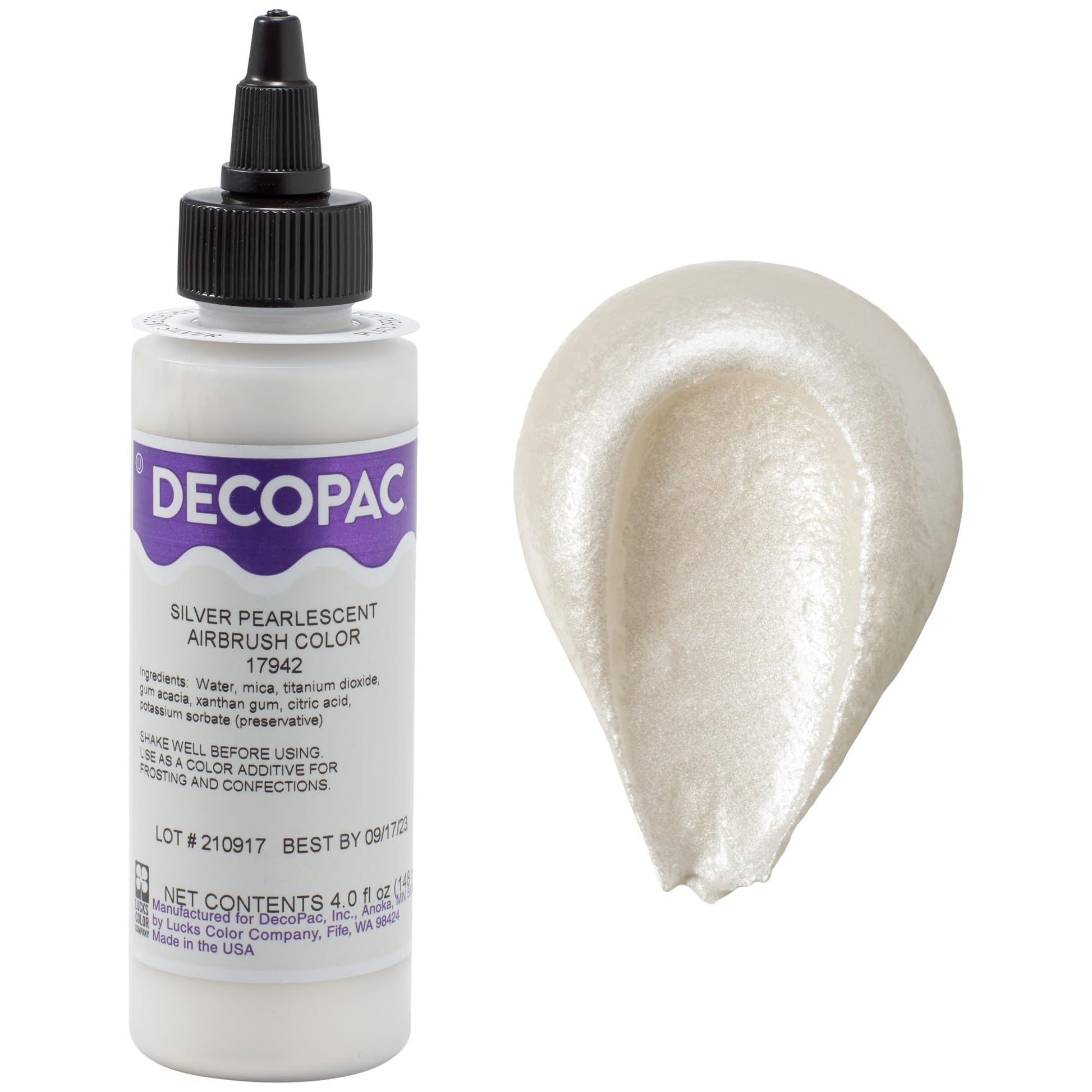 DecoPac Premium Airbrush Color, Edible Paint, 4oz, Pearlescent Silver Shimmer, Model 17942