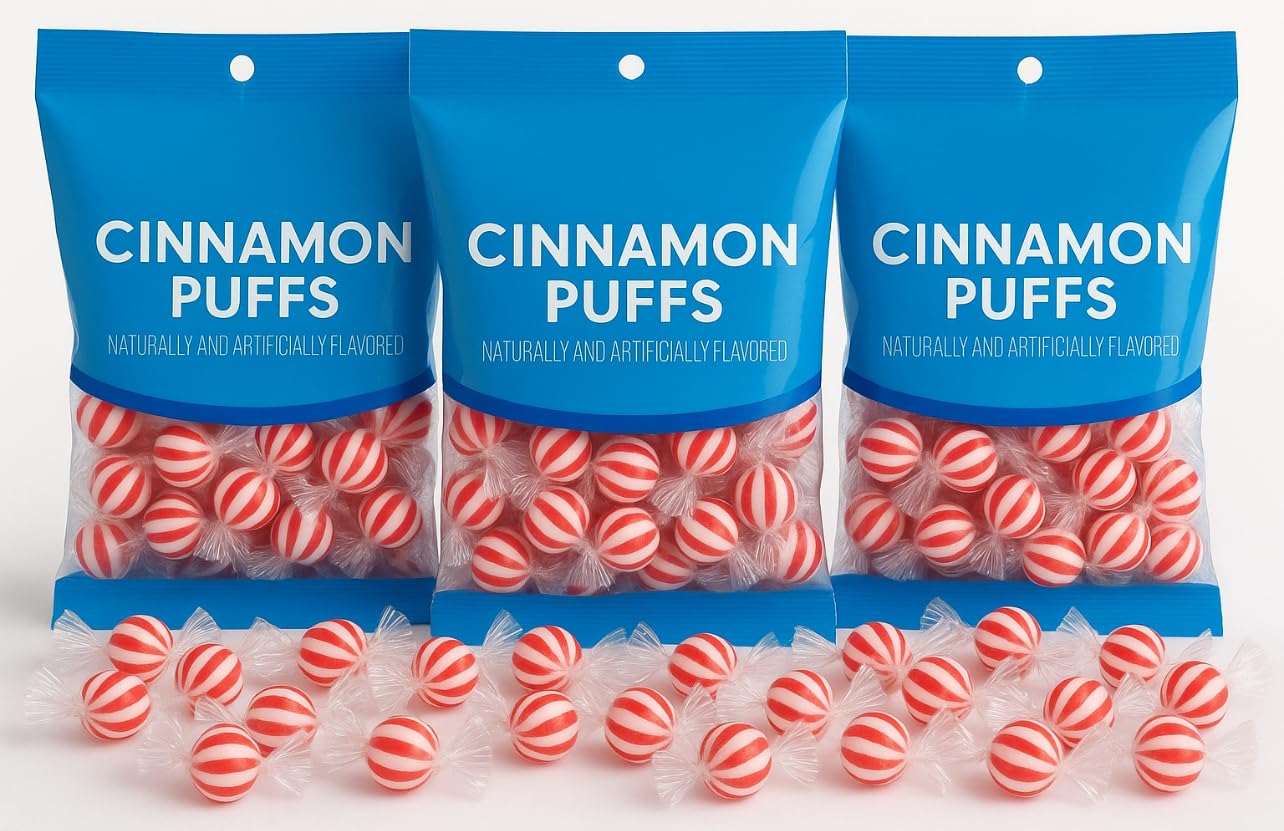 Sweet Smiles Soft Cinnamon Puffs Candy-4 OZ (Three Bags) | Melt Away Mint Individually Wrapped | Party Favors, Christmas, Hallow