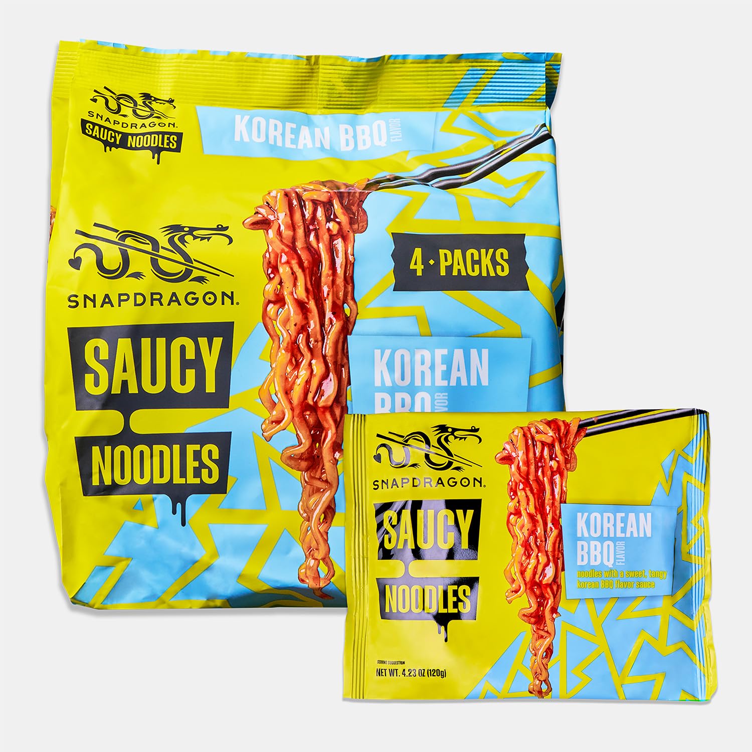 Snapdragon Korean BBQ Saucy Noodles, 4-Pack, Authentic Instant Noodles with Tangy, Sweet, & Savory Asian BBQ Sauce.