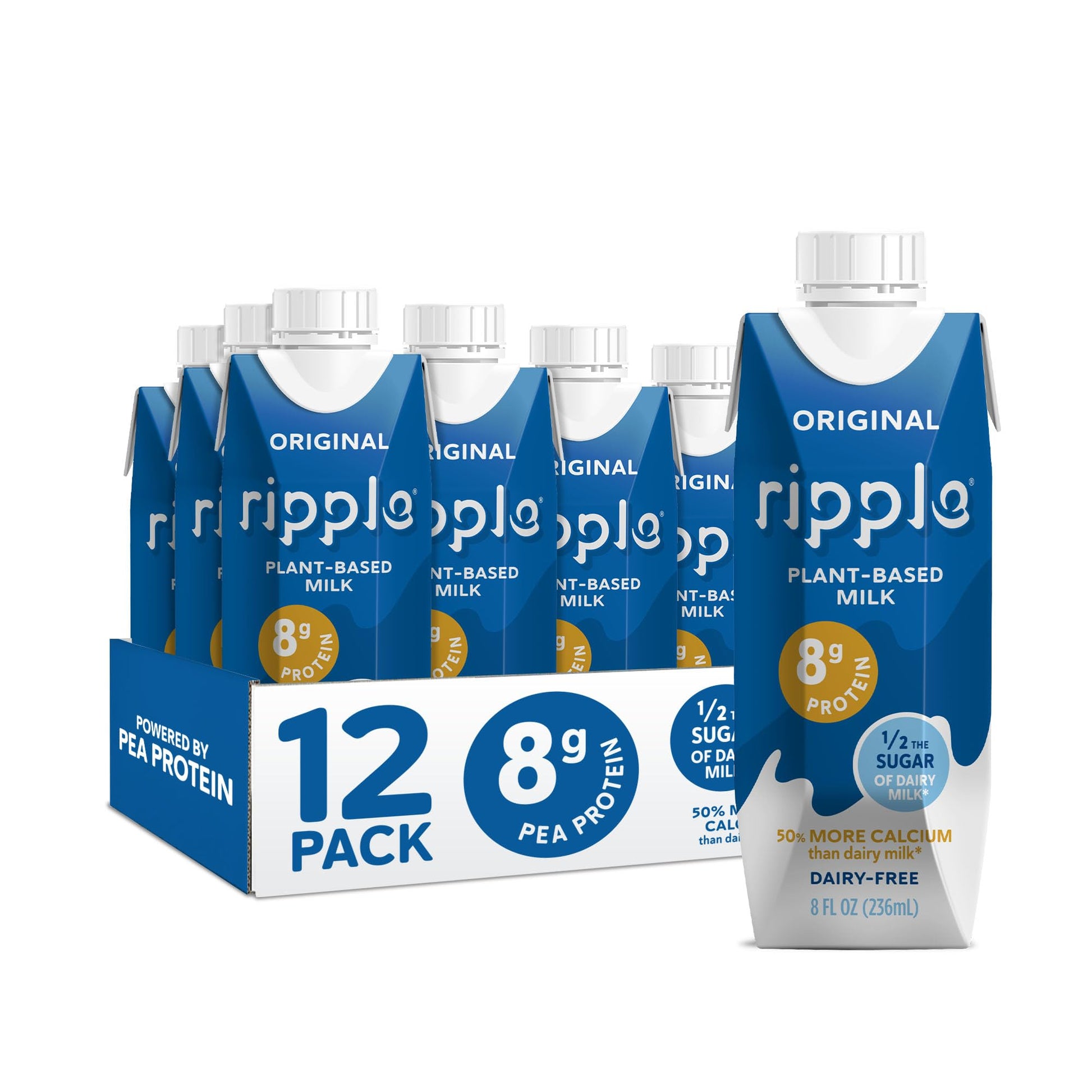 Ripple Non-Dairy Milk, Original Vegan Milk, 8g Pea Protein, Shelf Stable, 8 Fl Oz (Pack of 12)