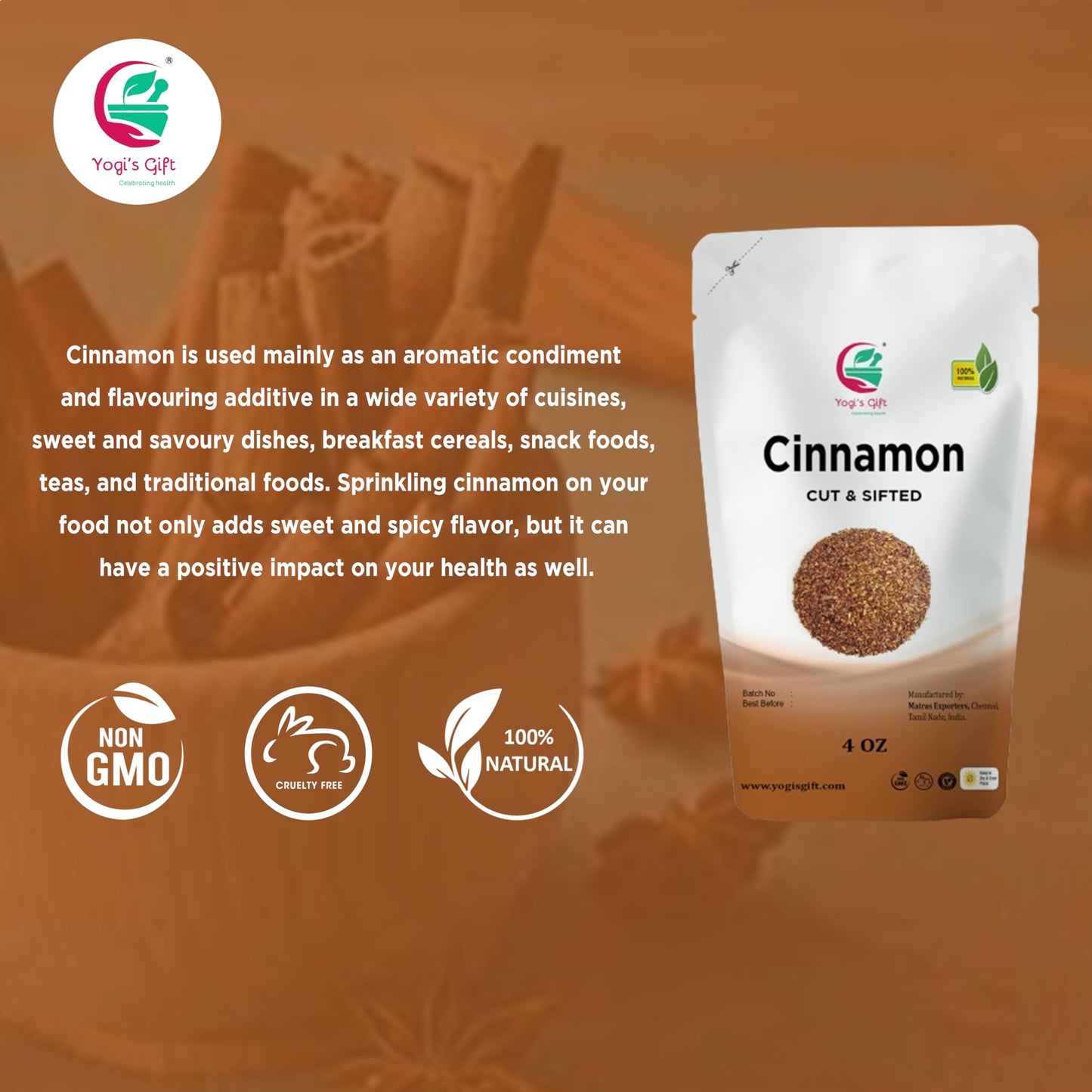 Premium Cinnamon Bark 4 Oz | Cinnamon Stick Pieces/Chips For Tea, Cooking | Rich Aroma And Great Flavour By Yogi'S Gift