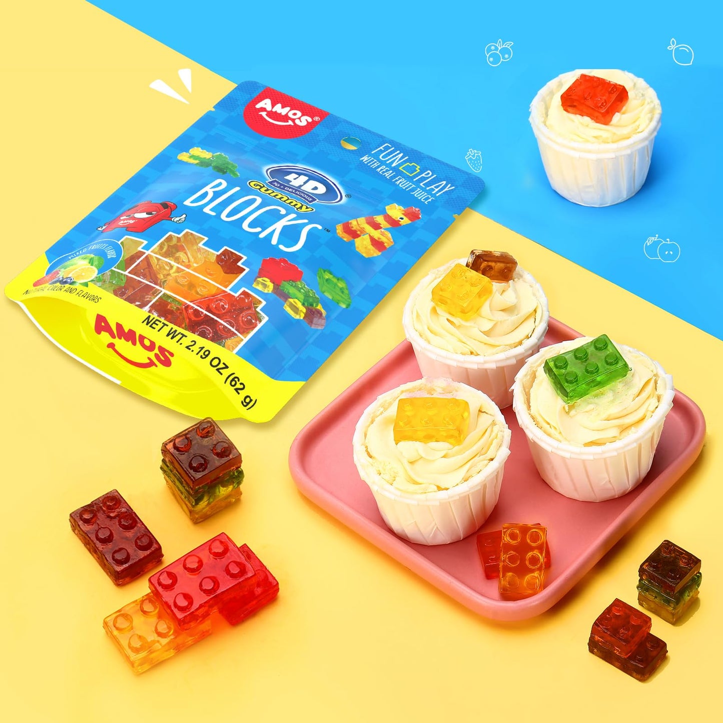 Amos 4D Gummy Blocks Candy Bricks, Natural Flavor Themed Novelty Candy For Kids Birthday Party, Cupcake Topper, Resealable 2.19O