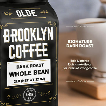 Brooklyn Coffee Whole Bean, Classic Dark Roast (2Lb) Bold, Smooth Taste, Intense Aroma - Fresh Bulk Coffee Beans Roasted Weekly