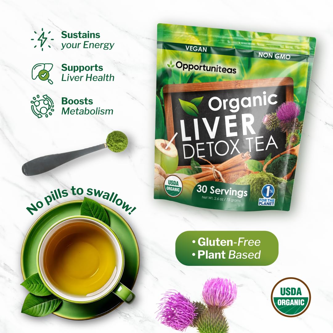 Opportuniteas Organic Liver Detox Tea Powder - Matcha, Milk Thistle, Spirulina - 2.6 oz - Green