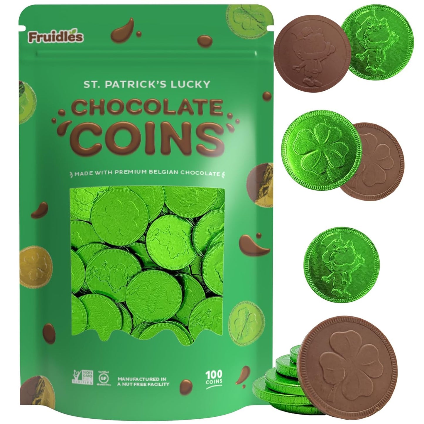 Fruidles Saint Patricks Day Green Coins, Premium Nut-Free Candy, Kosher, 100-Pack