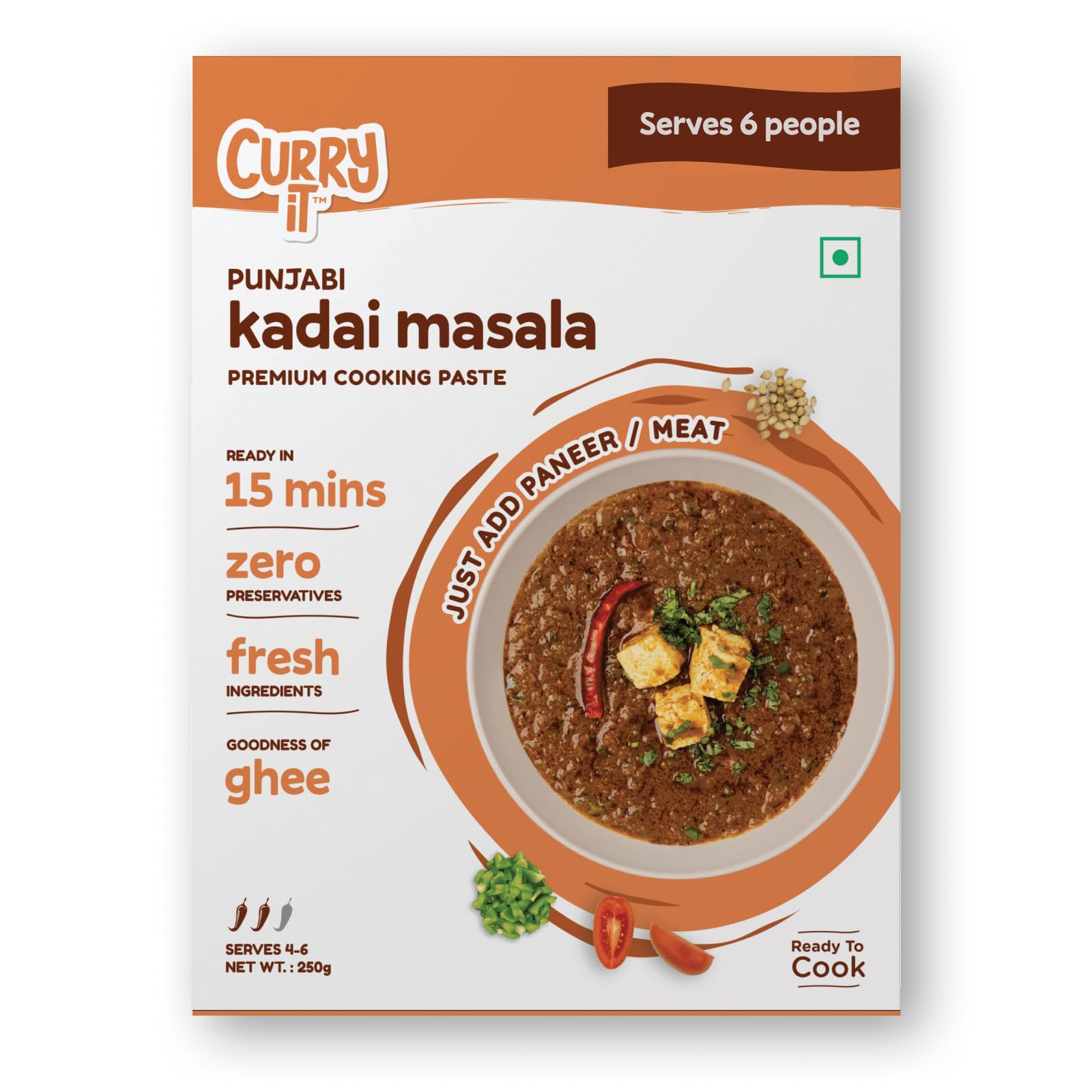 CURRYiT Ready To Cook PUNJABI KADAI MASALA Mutton Curry, Chicken Curry and Fish Curry Paste, 250g Serves 4-6 | Made with Ghee | 