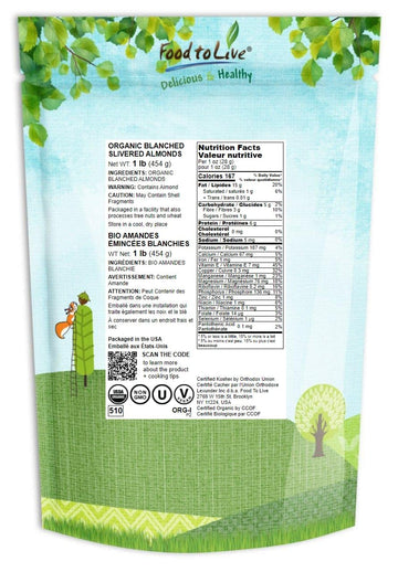 Food To Live Organic Blanched Slivered Almonds, 1 Pound – Non-Gmo, Raw, Unpasteurized, Unsalted, Vegan, Keto, Paleo, Kosher, High In Protein, Dietary Fiber. For Cooking, Baking, Salads And Cereals