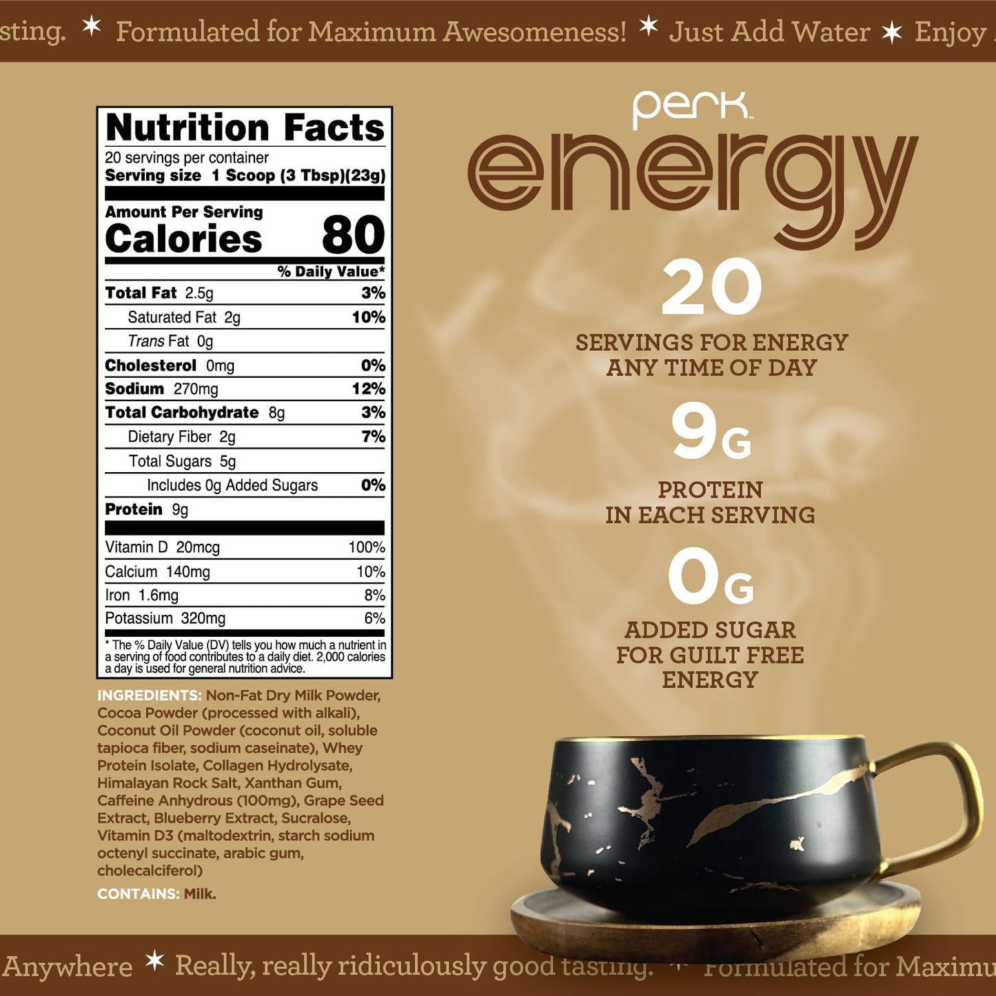 Perk Energy Original Dutch Hot Cocoa (20 Servings) - Gluten Free And Soy Free