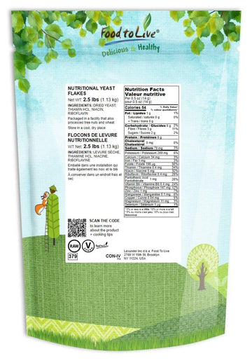 Food To Live Nutritional Yeast Flakes, 2.5 Pounds Fortified Large Flakes, Inactive, Unsweetened, Vegan Thickener, Bulk. Good Sou