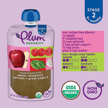 Plum Organics Stage 2 Organic Baby Food - Apple, Raspberry, Spinach, and Greek Yogurt - 3.5 oz Pouch (Pack of 12) - Organic Frui