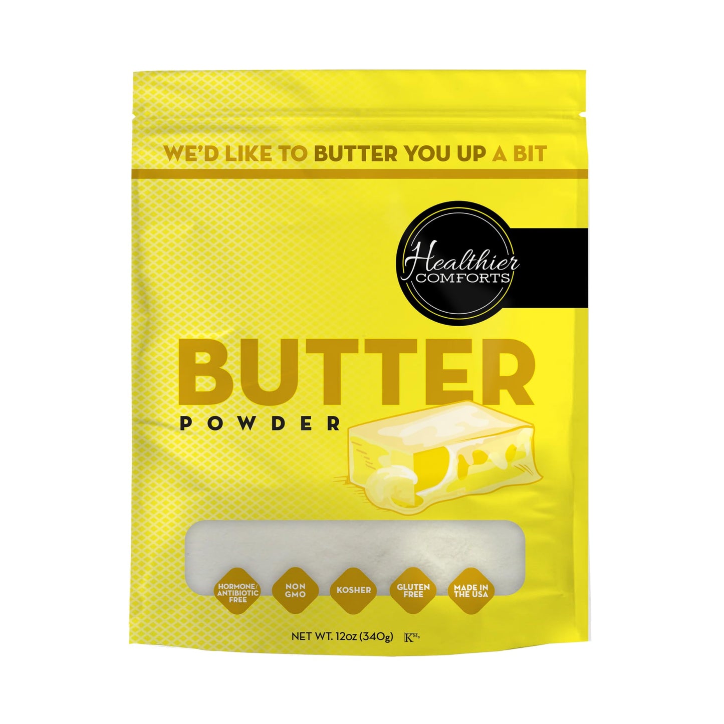 Healthier Comforts Butter Powder | Dehydrated, Shelf Stable Butter | Kosher, Gluten Free, Non-GMO | Popcorn, Baking, Seasoning |