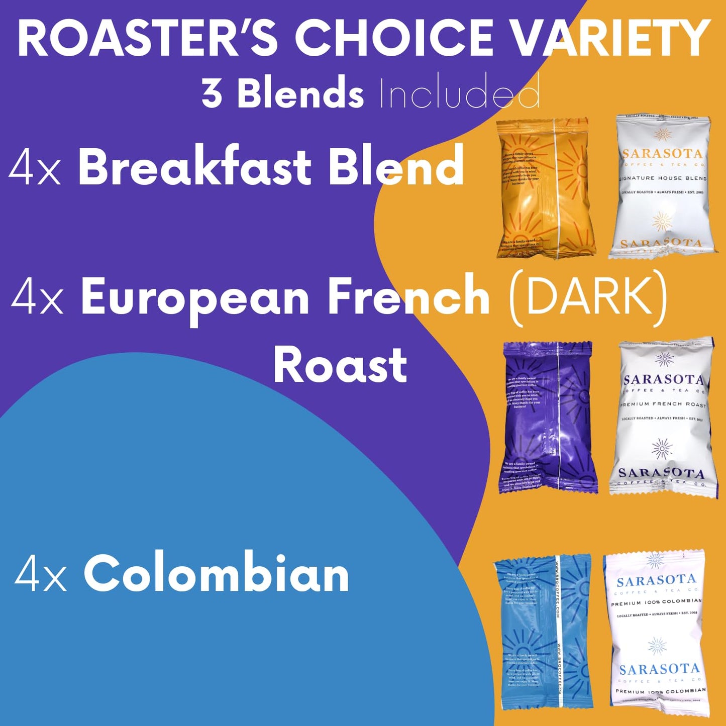SARASOTA COFFEE & TEA CO. Coffee Ground Packets Gift Set, Assorted Medium, Colombian & Dark Roast, 12 Count, 2 Oz Bags