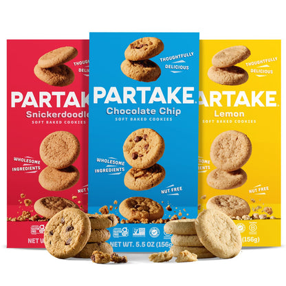 Partake Foods Gluten Free Soft Baked Cookies Variety Pack (Chocolate Chip, Snickerdoodle, Lemon) - Vegan - Free From the Top 9 A