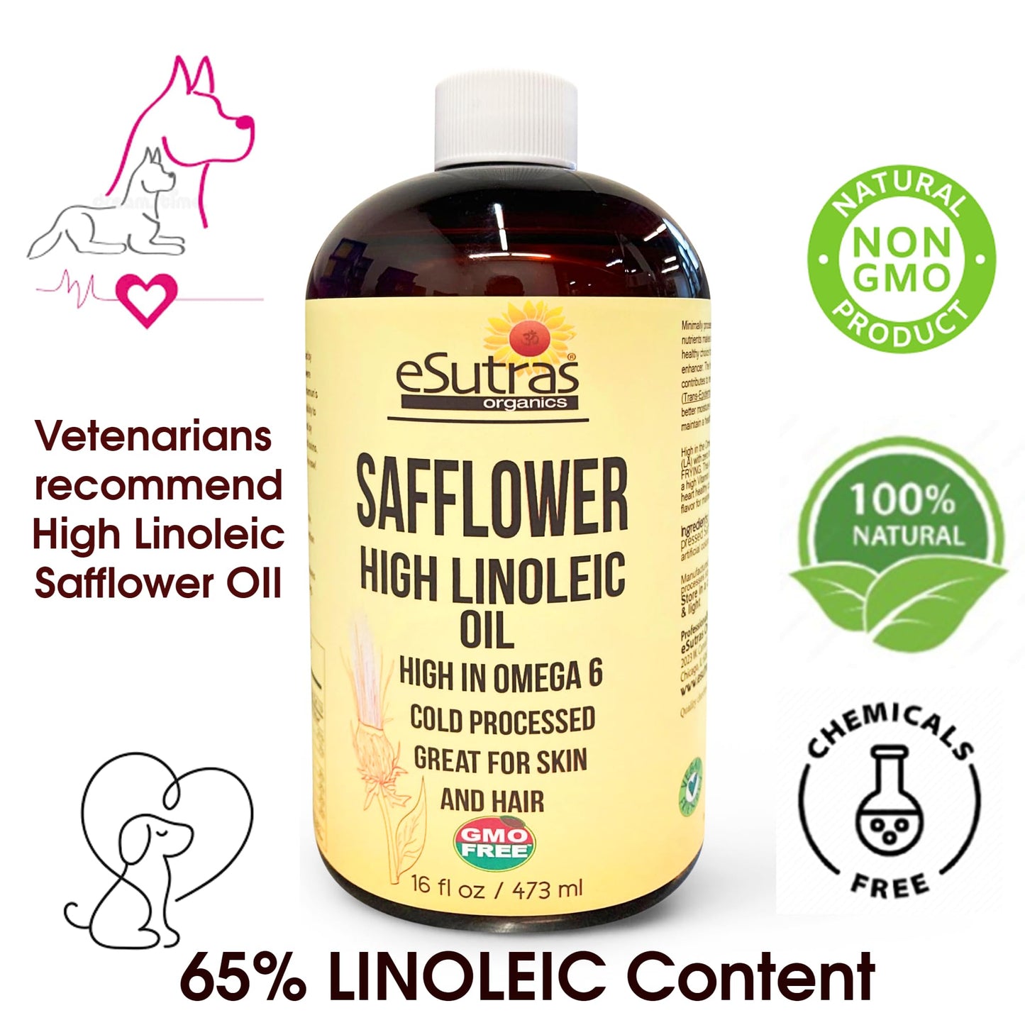 eSutras Organics Linoleic Safflower Oil - Cold Pressed, Moisturizing Non-GMO Oil For Hair, Body & Skin Care(16 oz)