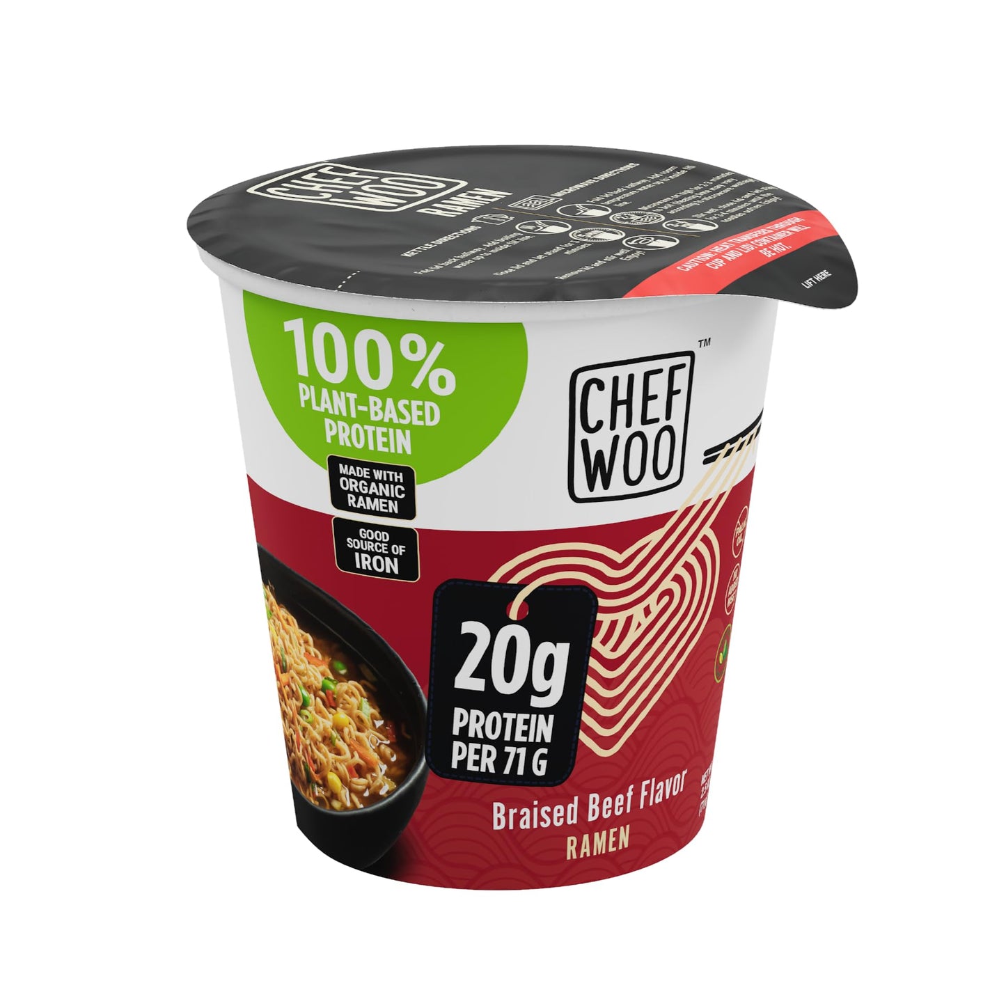 CHEF WOO Vegan Braised Beef Flavor Ramen Cup Noodles, 2.5 Oz (Pack of 12) | Halal, Kosher, Egg-Free, Dairy-Free Snacks
