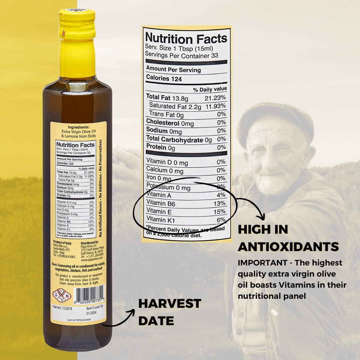 Papa Vince Extra Virgin Olive Oil, Lemon Agspirit-inspired flavorato, First Cold Pressed, Unfiltered, 16.91 Fl Oz, Glass Bottle, Sicily, Italy