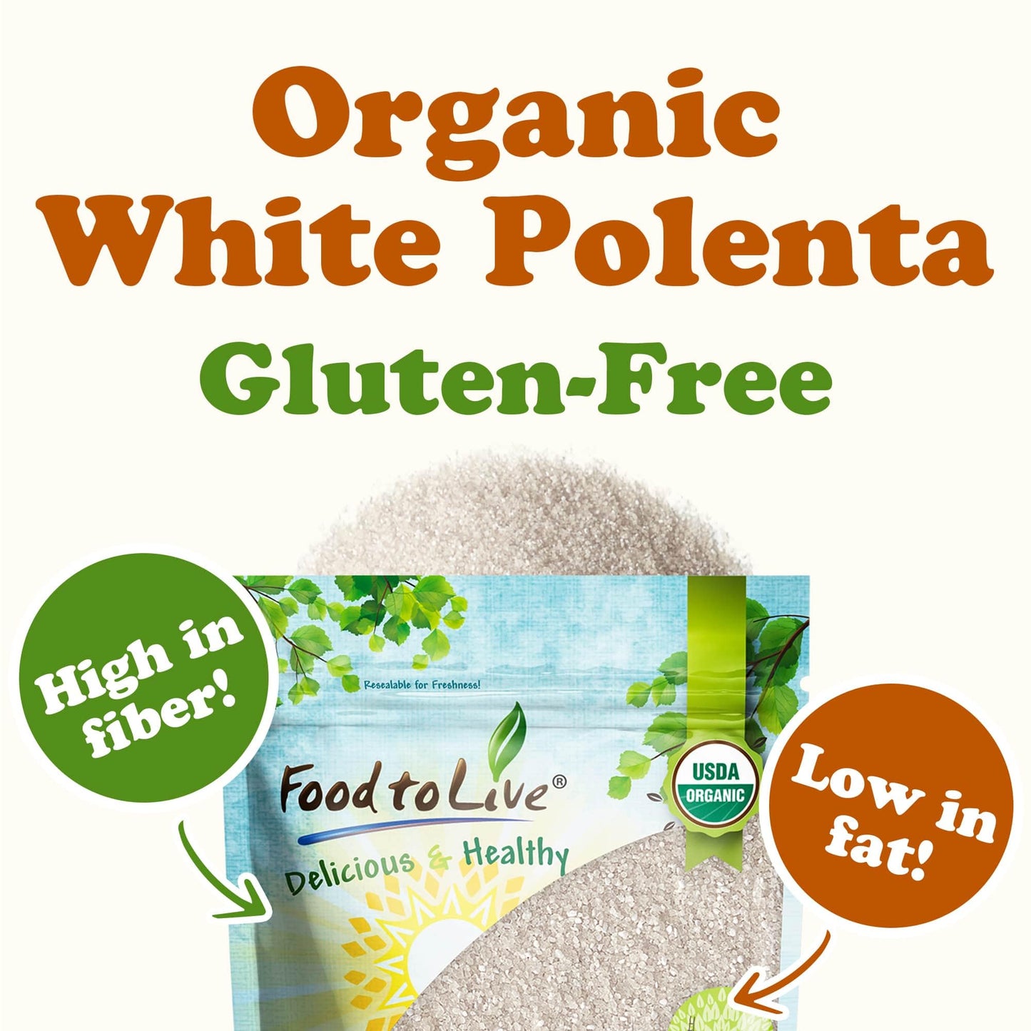 Food to Live Gluten Free Organic White Polenta, Non-GMO Cornmeal, 40 Ounce