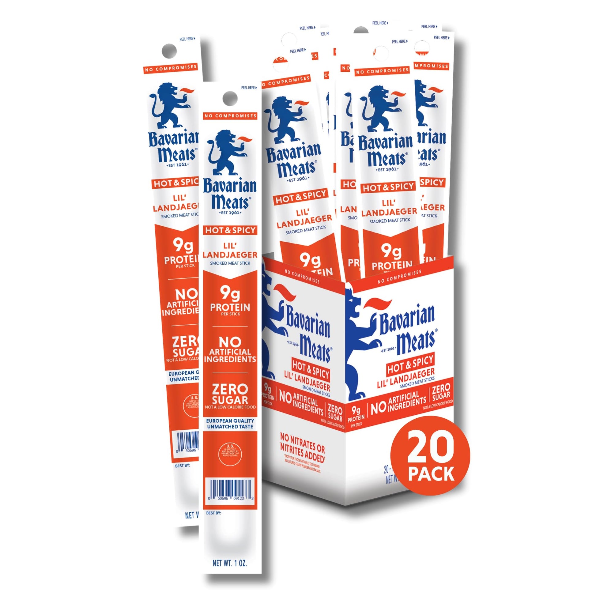 Bavarian Meats Hot & Spicy Lil Landjaeger Meat Sticks  Individually Wrapped Smoked Sausage Snacks  Zero Sugar  Great Source of Protein  Gluten Free  Keto Friendly Low Carb Snack  1 Ounce (Pack of 20)