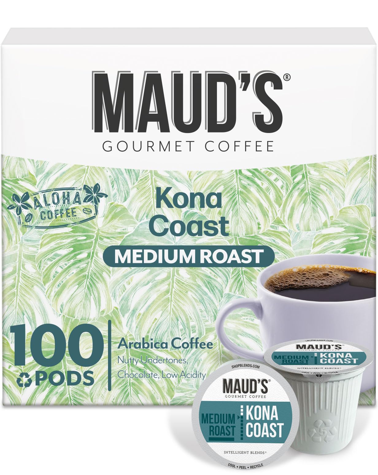 Maud's Kona Coffee Pods, 100 ct, Medium Roast Coffee in Recyclable Single Serve Pods - 100% Arabica Coffee, Compatible with Keur