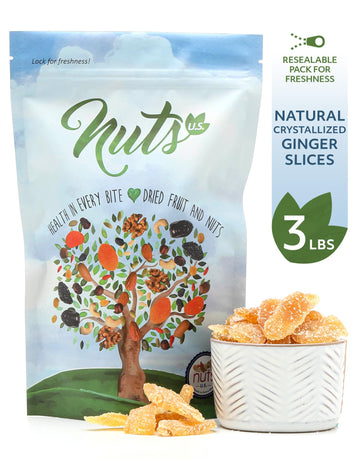 Nuts U.S. - Dried Crystallized Ginger Slices | All Natural And Non Gmo | No Artificial Colors Or Ingredients | Sugar Coated Chewy Flavor | Packed In Resealable Bag!!! (Unsulfured 3 Lbs)