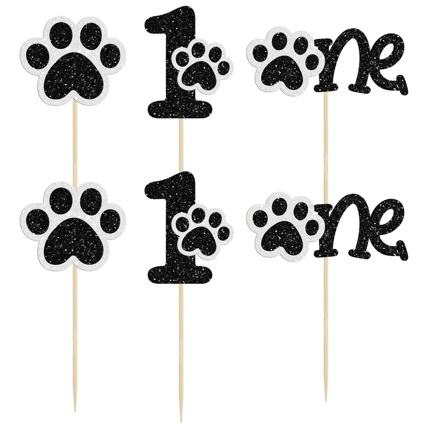 Gyufise Dog Paw Cupcake Toppers, 24 Pcs, Glitter, 2.4 inches, Black, First Birthday Party Decorations
