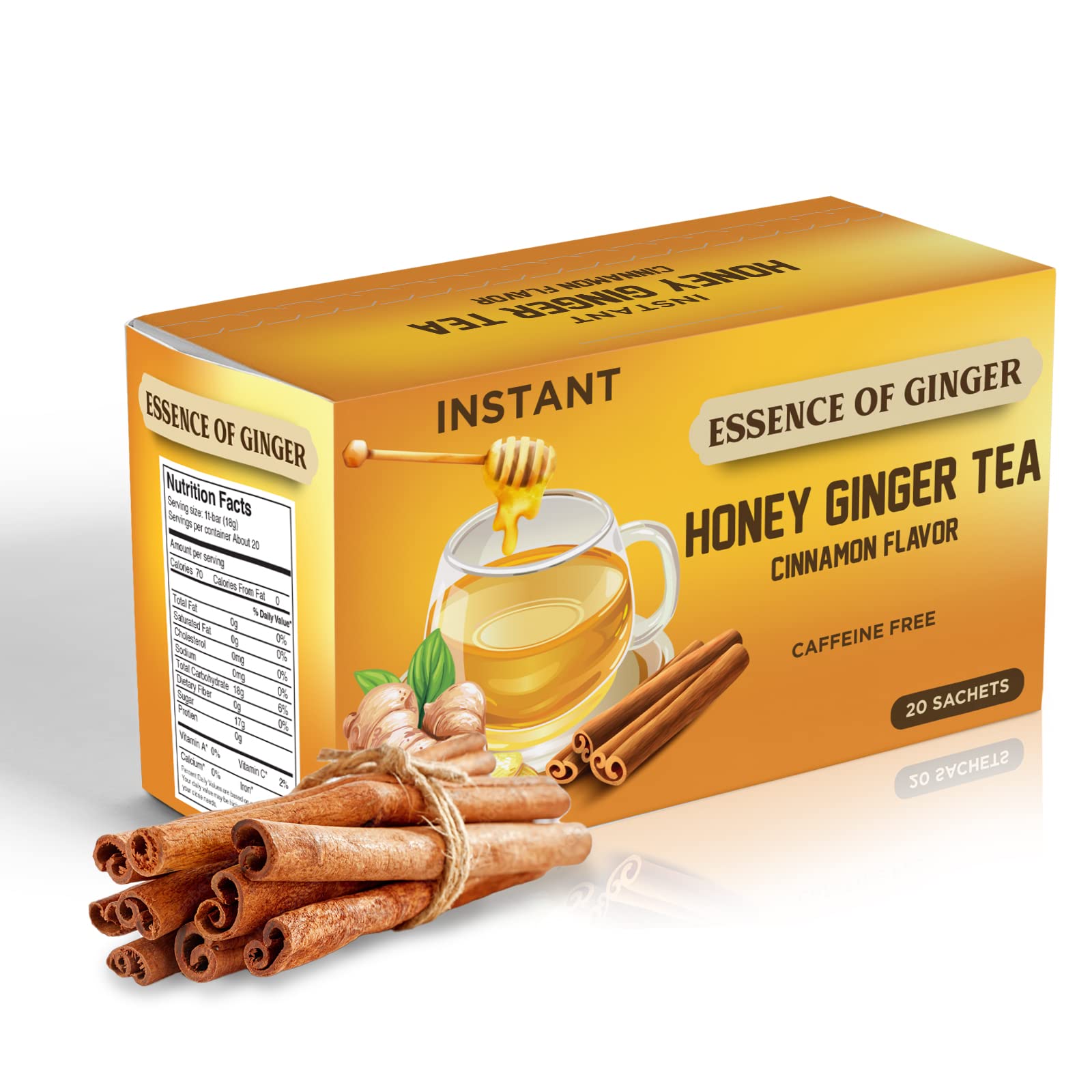 Elephant Park Natural Honey Ginger Cinnamon Tea - 20 Sachets, Caffeine Free, Refreshing Flavor, Yellow Pack