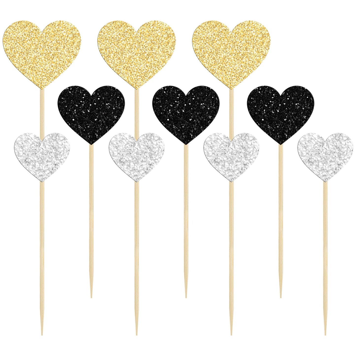 Gyufise 30Pcs Heart Cupcake Toppers, Glitter Paper Picks for Valentines Day, Wedding, Birthday Party, Gold Black Silver