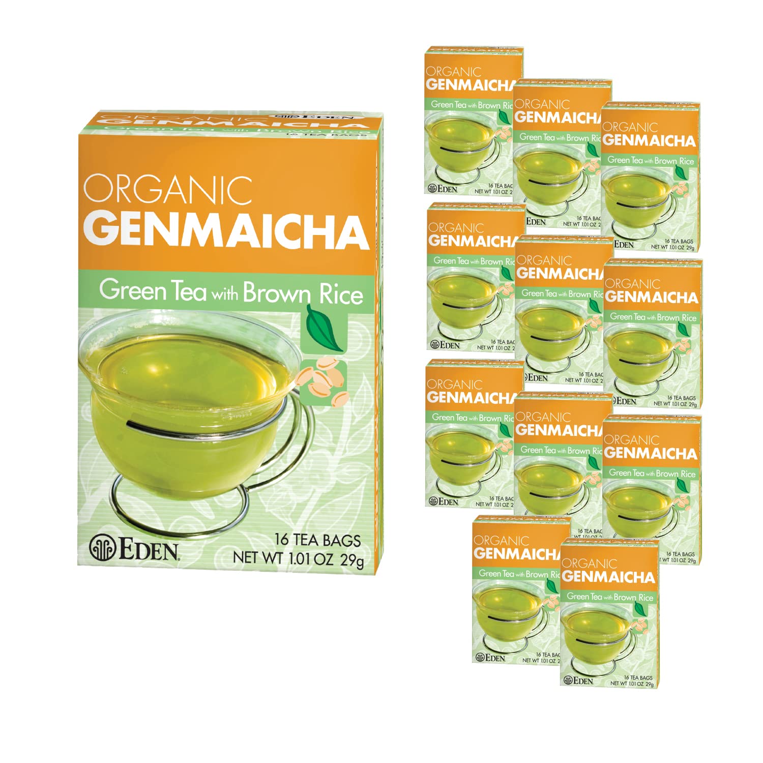 Eden Genmaicha Organic Green Tea, Sencha with Roasted Brown Rice, 16 Bags, Pack of 12, Green, Model 110530